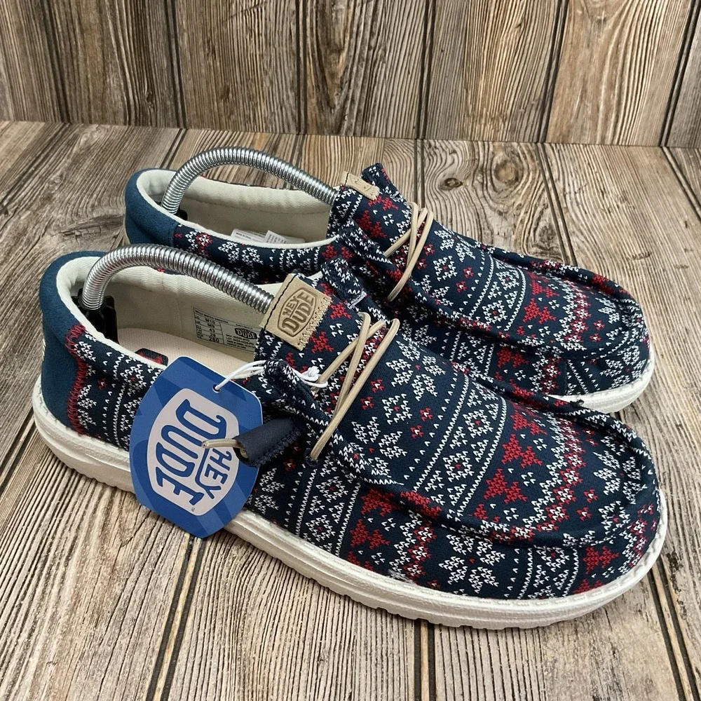 Hey Dude Wally Mens 10 Navy Winter Ugly Sweater Christmas Slip On Shoes Loafers